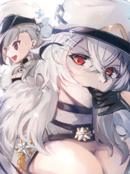 Rule 34 | 2girls, absurdres, azur lane, black gloves, blue eyes, breasts, cleavage, gangut (azur lane), gloves, grey hair, hat, highres, large breasts, long hair, looking at viewer, looking away, military, military hat, military uniform, minsk (azur lane), mole, mole under eye, multiple girls, open mouth, red eyes, shika (shika0), uniform, white background