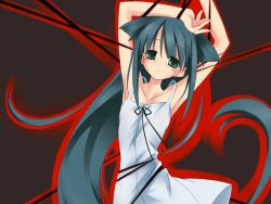 Rule 34 | 1girl, :o, armpits, arms up, bare arms, black background, black ribbon, blunt bangs, blush, collarbone, cowboy shot, dress, flat chest, green eyes, head tilt, long hair, looking at viewer, parted lips, ribbon, saya (saya no uta), saya no uta, sayanouta, simple background, sleeveless, sleeveless dress, solo, string, sundress, very long hair, wallpaper, white dress