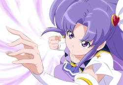 Rule 34 | 1girl, brooch, closed mouth, collarbone, cure fortune, detached sleeves, earrings, fuchi (nightmare), hair intakes, hair ornament, happinesscharge precure!, heart, heart brooch, heart hair ornament, jewelry, long hair, long sleeves, precure, purple eyes, purple hair, solo, star (symbol), star earrings, v-shaped eyebrows, white background, white sleeves