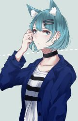 Rule 34 | 1girl, animal ears, aqua hair, bad id, bad pixiv id, blue eyes, blush, bob cut, borrowed character, cat ears, choker, collarbone, dotted line, earrings, eir (machi), green background, hair ornament, hairclip, hand up, highres, jacket, jewelry, looking at viewer, open clothes, open jacket, original, parted lips, saitou (lynx-shrike), shirt, short hair, simple background, solo, striped clothes, striped shirt, stud earrings, t-shirt, upper body