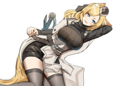 Rule 34 | 1girl, arki arasy, arknights, black headwear, black ribbon, black shorts, black thighhighs, blonde hair, blue eyes, breasts, feet out of frame, hair ribbon, hand on arm, hand on thigh, highres, large breasts, long hair, looking at viewer, lying, on side, open clothes, open mouth, open robe, ribbon, robe, shorts, smile, solo, thighhighs, whislash (arknights), white background, white robe