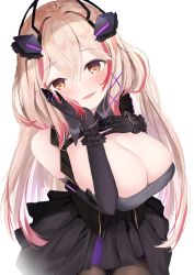 Rule 34 | 1girl, alternate hair length, alternate hairstyle, azur lane, bare shoulders, black choker, black dress, black gloves, breasts, choker, cleavage, dress, frilled cuffs, gloves, hair between eyes, hand on own cheek, hand on own face, headgear, highres, large breasts, light blush, light brown hair, long hair, looking at viewer, megumi kei, multicolored hair, pantyhose, roon (azur lane), roon (muse) (azur lane), simple background, solo, white background, yellow eyes