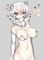 Rule 34 | 1girl, ?, bottomless, breasts, color guide, female focus, grey background, groin, large breasts, masaki (lemegeton36133), navel, original, out-of-frame censoring, simple background, solo, white hair