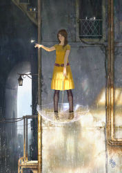 Rule 34 | 1girl, ag+ (atelieriji), alley, animal, ankle boots, arch, balcony, belt, black footwear, black pantyhose, boots, breasts, brown hair, bug, building, butterfly, cable, cane, crack, dress, floating, glowing butterfly, highres, holding, holding umbrella, industrial pipe, insect, lamp, lamppost, legs apart, levitation, light smile, original, outdoors, outstretched arm, pantyhose, pigeon-toed, power lines, railing, rain, reaching, shade, shadow, short sleeves, signature, small breasts, stairs, standing, sunlight, transparent, transparent umbrella, umbrella, wall, window, yellow dress