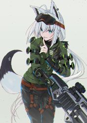 Rule 34 | 1girl, ahoge, angel city hustler mirage, animal ears, apex legends, assault rifle, blue eyes, braid, chain, denken, finger to mouth, fox ears, fox tail, goggles, goggles on head, gun, highres, holding, holding gun, holding weapon, hololive, long hair, mirage (apex legends), pants, ponytail, rifle, shirakami fubuki, simple background, smile, solo, standing, star (symbol), tail, virtual youtuber, weapon, white hair