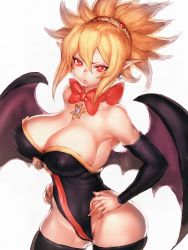 Rule 34 | &gt;:(, 1girl, adapted costume, angry, armpits, backlighting, bare shoulders, black thighhighs, black wings, blonde hair, bow, bowtie, breasts, bright pupils, brooch, cameltoe, cleavage, closed mouth, covered erect nipples, covered navel, cowboy shot, demon girl, demon wings, detached sleeves, disgaea, earrings, from side, frown, fumio (rsqkr), groin, hair between eyes, hair ornament, hands on own hips, high ponytail, highleg, highleg leotard, hip focus, jewelry, large breasts, leotard, long pointy ears, looking at viewer, makai senki disgaea 2, parted bangs, pointy ears, ponytail, pout, red bow, red eyes, rozalin, sideboob, sidelocks, simple background, single vertical stripe, sketch, solo, spiked hair, standing, strapless, strapless leotard, thighhighs, thighs, v-shaped eyebrows, white background, wings, yellow bow
