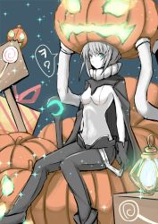 Rule 34 | 1girl, abyssal ship, bad id, bad pixiv id, bodysuit, cane, cape, colored skin, commentary request, gloves, glowing, glowing eyes, green eyes, halloween, headgear, jack-o&#039;-lantern, kantai collection, lantern, long hair, nahu, night, night sky, pumpkin hat, silver hair, sky, star (sky), starry sky, tentacles, white skin, wo-class aircraft carrier