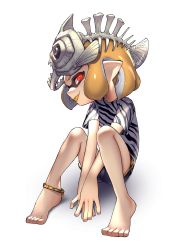 Rule 34 | 1girl, :p, animal print, anklet, barefoot, black shirt, blunt bangs, bone, colored tongue, commentary, dolphin shorts, fish hat, grey headwear, gym shorts, half-closed eyes, highres, implied pantyshot, inkling, inkling girl, inkling player character, jewelry, looking at viewer, nintendo, orange hair, orange tongue, pointy ears, print shirt, puchiman, red eyes, shirt, short hair, short shorts, short sleeves, shorts, sitting, solo, splatoon (series), splatoon 2, t-shirt, tongue, tongue out, twitter username, white background, zebra print
