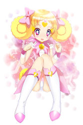 Rule 34 | 10s, 1girl, blonde hair, boots, bow, bowtie, candy (smile precure!), cure candy, double bun, facial mark, forehead mark, full body, hair bow, heart, heart facial mark, highres, magical girl, panties, pantyshot, peacemaker777, personification, pink background, pink bow, precure, purple eyes, short hair, sitting, smile precure!, solo, star (symbol), starry background, underwear, white panties