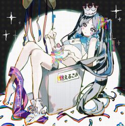 Rule 34 | 1girl, :|, bikini, black eyes, blue hair, blush stickers, breasts, bridal garter, cake, closed mouth, confetti, crown, expressionless, feet, food, fork, fruit, full body, glitch, headwear request, heart, heart in eye, heart pendant, highres, holding, holding fork, holding plate, birthday sash, in trash can, inu totemo, knees together feet apart, long hair, mini crown, original, parted bangs, plate, sash, shoes, short sleeves, shrug (clothing), sidelocks, single barefoot, sitting, small breasts, solo, sparkle, spotlight, strawberry, string bikini, swimsuit, symbol in eye, toes, translation request, trash can, twintails, very long hair, white footwear