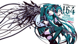 Rule 34 | 1girl, angel wings, aqua eyes, aqua hair, cable, detached sleeves, guitar, hatsune miku, headphones, headset, highres, instrument, long hair, mechanical wings, music, necktie, playing instrument, simple background, skirt, smile, solo, thighhighs, torigoe takumi, twintails, very long hair, vocaloid, wallpaper, wings, zettai ryouiki
