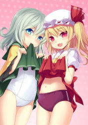 Rule 34 | 2girls, ascot, blonde hair, blue eyes, blush, buruma, clothes in mouth, clothes lift, covered navel, dress, dress lift, fang, female focus, flandre scarlet, hat, hat ribbon, komeiji koishi, lifting own clothes, looking at viewer, minamura haruki, mouth hold, multiple girls, naughty face, navel, no headwear, one-piece swimsuit, open mouth, pink background, pointy ears, red eyes, ribbon, school swimsuit, short hair, side ponytail, silver hair, simple background, skirt, skirt in mouth, skirt lift, smile, swimsuit, swimsuit under clothes, touhou, white one-piece swimsuit, white school swimsuit