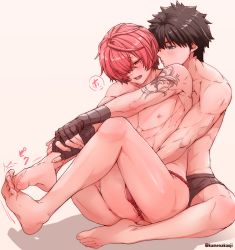 Rule 34 | 2boys, arm tattoo, artist name, bandaged arm, bandaged hand, bandages, barefoot, behind another, black hair, black male underwear, blue eyes, blush, boxer briefs, bulge, fang, fate/grand order, fate (series), feet, fujimaru ritsuka (male), fundoshi, fuuma kotarou (fate), hair over one eye, half-closed eye, hands on own leg, highres, hug, hug from behind, indian style, japanese clothes, kamenakake, knees up, legs together, male focus, male underwear, multiple boys, nipples, open mouth, own hands together, parted bangs, parted lips, pectorals, red eyes, red fundoshi, red hair, short hair, simple background, sitting, tattoo, toned, toned male, twitter username, underwear, underwear only, waist hug, yaoi