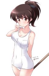 Rule 34 | 1girl, artist name, blush, breasts, brown eyes, brown hair, cameltoe, cleavage, closed mouth, collarbone, covered erect nipples, covered navel, dated, female focus, girls und panzer, groin, highres, koyama yuzu, kuzuryuu kennosuke, large breasts, looking at viewer, one-piece swimsuit, ponytail, simple background, smile, solo, standing, swimsuit, thighs, white background, white one-piece swimsuit