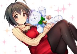 Rule 34 | 1girl, ahoge, bell, black hair, black pantyhose, blush, bow, brown eyes, closed mouth, dress, green bow, hair between eyes, hair intakes, holding, holding stuffed toy, idolmaster, idolmaster cinderella girls, kohinata miho, long sleeves, looking at viewer, md5 mismatch, pantyhose, red dress, resolution mismatch, revision, short hair, sleeves past wrists, smile, solo, source smaller, sparkle, stuffed animal, stuffed toy, sweater, teddy bear, thighband pantyhose, u rin, white background