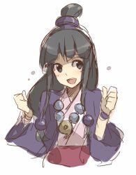 Rule 34 | 1girl, maya fey, black eyes, black hair, blush, capcom, clenched hands, ace attorney, hair ornament, half updo, japanese clothes, jewelry, long hair, magatama, smile, solo, weee (raemz)