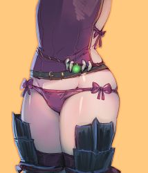 Rule 34 | 1girl, belt, bow, bow (bhp), bow panties, capcom, character request, head out of frame, lower body, monster hunter (series), orange outline, panties, purple panties, purple thighhighs, simple background, skindentation, solo, standing, thighhighs, underwear, yellow background, yian garuga (armor)