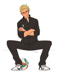 Rule 34 | 1boy, :q, ball, bangs pinned back, black pants, black track suit, blonde hair, brown hair, crossed arms, crotch seam, ear piercing, haikyuu!!, hairband, head tilt, highres, jacket, light smile, logo, looking at viewer, male focus, messy hair, multicolored hair, okeb21, pants, piercing, shirt, shoes, short hair, sitting, sneakers, solo, sportswear, spread legs, straight-on, tongue, tongue out, track jacket, twitter username, two-tone hair, ukai keishin, v-shaped eyebrows, volleyball (object), white background, white footwear, white shirt