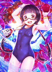 Rule 34 | 10s, 1girl, amayadori machi, apple, bespectacled, black hair, blush, breasts, brown eyes, covered navel, food, fruit, glasses, kumamiko, long hair, looking at viewer, mushroom, one-piece swimsuit, open mouth, semi-rimless eyewear, small breasts, solo, swimsuit, teruru, twintails, watch, wristwatch