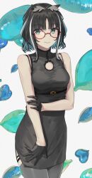 Rule 34 | 1girl, absurdres, aqua eyes, atsushima, black dress, black gloves, black hair, blue hair, blunt bangs, blush, breasts, china dress, chinese clothes, commentary request, cowboy shot, dress, glasses, gloves, grey thighhighs, grey wings, grin, hand on own arm, head wings, heart, highres, looking at viewer, medium bangs, medium breasts, nanashi inc., oura rukako, oura rukako (2nd costume), red-framed eyewear, short dress, short hair, sidelocks, sleeveless, sleeveless dress, smile, solo, thighhighs, virtual youtuber, white background, wings