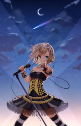 Rule 34 | 1girl, bare shoulders, black dress, blue eyes, breasts, brown hair, cleavage, closed mouth, cloud, commentary request, crescent moon, dress, falling star, fingerless gloves, fingernails, gloves, holding, holding microphone, idolmaster, idolmaster cinderella girls, looking at viewer, medium breasts, microphone, microphone stand, migimaki (migi mawashi), moon, nail polish, night, night sky, outdoors, outstretched arm, pointing, pointing at viewer, red nails, shooting star, sky, smile, solo, star (sky), starry sky, strapless, strapless dress, tada riina, v-shaped eyebrows