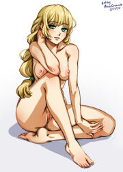 Rule 34 | 1girl, 2020, artist name, blonde hair, commentary, completely nude, dated, fire emblem, fire emblem: three houses, full body, green eyes, heart, ingrid brandl galatea, long hair, looking at viewer, mina cream, nintendo, nipples, nude, pussy, shadow, simple background, sitting, solo, symbol-only commentary, watermark, white background