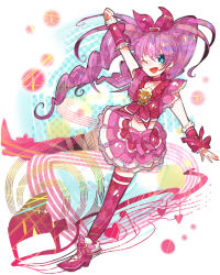 Rule 34 | 10s, 1girl, blue eyes, bow, brooch, choker, cure melody, frills, heart, houjou hibiki, instrument, itomugi-kun, jewelry, long hair, magical girl, midriff, musical note, one eye closed, open mouth, piano, pink bow, pink hair, pink thighhighs, precure, ribbon, skirt, smile, solo, suite precure, thighhighs, twintails, wink