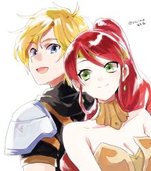 Rule 34 | 1boy, 1girl, :d, armor, arms at sides, artist name, back-to-back, bare arms, black hoodie, blonde hair, blue eyes, breasts, check commentary, cleavage, closed mouth, commentary request, couple, green eyes, hetero, hood, hoodie, jaune arc, jewelry, large breasts, long hair, looking at another, looking back, open mouth, pauldrons, ponytail, pyrrha nikos, red hair, rwby, shinoasa, short hair, shoulder armor, smile, strapless, tiara, upper body