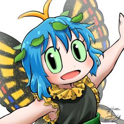Rule 34 | 1girl, antennae, aqua hair, butterfly wings, chamaji, commentary, dress, eternity larva, fairy, frilled dress, frills, green dress, hair ornament, insect wings, leaf, leaf hair ornament, leaf on head, looking at viewer, lowres, multicolored clothes, outstretched arms, profile picture, short hair, signature, sleeveless, smile, solo, touhou, upper body, white background, wings, yellow frills