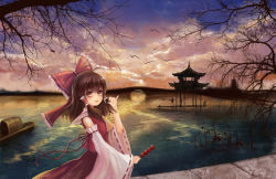Rule 34 | 1girl, architecture, arm up, bird, blue sky, boat, bow, bridge, brown hair, cloud, dango, detached sleeves, east asian architecture, female focus, flandre scarlet, food, hair bow, hair tubes, hakurei reimu, highres, japanese clothes, landscape, miko, open mouth, pagoda, red eyes, river, scenery, shirt, skirt, skirt set, sky, smile, solo focus, sunset, tamaxi123, embodiment of scarlet devil, touhou, tree, wagashi, watercraft, wings