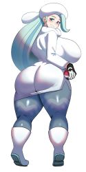 Rule 34 | 1girl, ass, blue eyes, blue hair, blush, boots, breasts, creatures (company), curvy, earrings, from behind, game freak, gloves, hat, highres, huge ass, huge breasts, jewelry, leggings, long hair, long sleeves, looking at viewer, looking back, mature female, melony (pokemon), nintendo, poke ball, pokemon, pokemon swsh, scarf, smile, solo, thick thighs, thighs, white background, wide hips, ytrall
