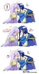 Rule 34 | 1boy, 1girl, bare shoulders, blue cape, blue eyes, blue hair, blush, breasts, brother and sister, cape, circlet, dress, fire emblem, fire emblem: genealogy of the holy war, headband, highres, incest, julia (fire emblem), kiss, long hair, medium breasts, nintendo, ponytail, purple cape, purple eyes, purple hair, seliph (fire emblem), siblings, simple background, spoken expression, white headband, yukia (firstaid0)
