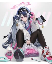 Rule 34 | 1girl, antenna hair, armband, bag, blue archive, blue hair, blue headwear, blue vest, bow, bullpup, collared shirt, cuffs, cup, disposable cup, doughnut, food, fubuki (blue archive), grey hair, gun, hair bow, hair ornament, halo, handcuffs, heart, heart hair ornament, highres, holding, holding food, jacket, multicolored hair, necktie, pantyhose, parted bangs, plastic bag, pyonsuke (pyon2 mfg), red eyes, rifle, shirt, shoes, sneakers, streaked hair, twintails, vest, weapon, white jacket, white shirt