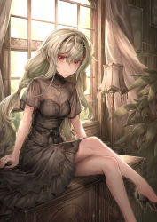 Rule 34 | 1girl, absurdres, bad id, bad pixiv id, bare legs, blonde hair, breasts, cabinet, cleavage, cleavage cutout, clothing cutout, curtains, day, dress, floor lamp, garden, high heels, highres, long hair, original, plant, potted plant, red eyes, see-through, shichigatsu, side ponytail, sitting, smile, solo, window, wooden wall