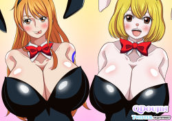 Rule 34 | 2girls, breasts, rabbit, carrot (one piece), cleavage, large breasts, long hair, multiple girls, nami (one piece), nude, one piece, orange hair, smile, tail, tattoo