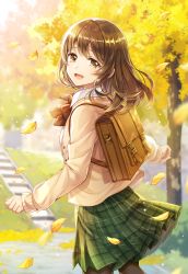 Rule 34 | 1girl, :d, backpack, bag, black pantyhose, blazer, blurry, blurry background, blush, bow, brown bow, brown eyes, brown hair, brown jacket, collared shirt, commentary request, day, depth of field, falling leaves, green skirt, highres, jacket, leaf, long hair, long sleeves, looking at viewer, looking to the side, mono lith, open clothes, open jacket, open mouth, original, outdoors, pantyhose, plaid, plaid skirt, pleated skirt, school uniform, shirt, skirt, smile, solo, tree, white shirt