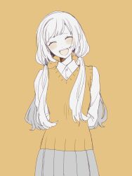 Rule 34 | 1girl, arms behind back, blush stickers, closed eyes, facing viewer, head tilt, highres, long hair, low twintails, maco22, open mouth, original, pleated skirt, school uniform, skirt, smile, solo, sweater vest, twintails, yellow theme
