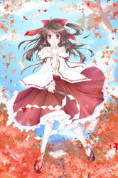Rule 34 | 1girl, ascot, bad id, bad pixiv id, bow, brown hair, clog sandals, detached sleeves, female focus, full body, gohei, hair bow, hakurei reimu, japanese clothes, leaf, maple leaf, miko, nature, ofuda, outdoors, ponytail, red eyes, sandals, saya (chocolate capsule), sky, solo, touhou, zouri