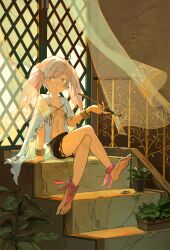Rule 34 | 1girl, absurdres, bare legs, barefoot, black shorts, breasts, crossed legs, curtains, highres, holding, holding smoking pipe, indoors, kumomachi, leaf, looking at viewer, navel, no bra, original, plant, potted plant, shirt, shorts, small breasts, smoking pipe, solo, stairs, white hair, white shirt, wide shot, wind