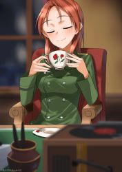 Rule 34 | 1girl, absurdres, blush, breasts, chair, closed mouth, cup, highres, hiroshi (hunter-of-kct), indoors, medium breasts, military, military uniform, minna-dietlinde wilcke, red hair, shiny skin, sitting, smile, solo, strike witches, teacup, uniform, upper body, world witches series