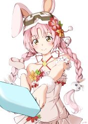 Rule 34 | 1girl, absurdres, animal ears, braid, feathermage, flower, food, goggles, hair flower, hair ornament, highres, mimi (princess connect!), mimi (summer) (princess connect!), pink hair, popsicle, princess connect!, rabbit ears, rabbit ornament, simple background, swimsuit, twin braids, yellow eyes