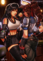 Rule 34 | 2girls, 3d, 3d background, armor, ass, back, bar (place), bar stool, black hair, black thighhighs, blender (medium), boobplate, breastplate, brown eyes, brown hair, commentary, crop top, elbow gloves, english commentary, final fantasy, final fantasy vii, final fantasy vii remake, fingerless gloves, gloves, headband, jessie rasberry, long hair, looking at viewer, looking back, low-tied long hair, materia, melficexd, multiple girls, navel, parted lips, pleated skirt, ponytail, red headband, shoulder armor, sitting, skirt, smile, square enix, standing, stomach, stool, suspenders, thighhighs, tifa lockhart