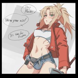 Rule 34 | 1girl, bad id, bad pixiv id, bandeau, belt, black belt, black border, black panties, blonde hair, blue shorts, blush, border, breasts, bulge, clarent (fate), covered erect nipples, cutoffs, denim, denim shorts, english text, erection, erection under clothes, fate/grand order, fate (series), futanari, green eyes, hair ornament, hair scrunchie, holding, holding sword, holding weapon, jacket, long hair, long sleeves, looking at viewer, medium breasts, midriff, mikoyan, mordred (fate), mordred (fate/apocrypha), mordred (memories at trifas) (fate), navel, nose blush, open clothes, open jacket, open shorts, panties, parted bangs, ponytail, red jacket, red scrunchie, scrunchie, short shorts, shorts, solo, speech bubble, stomach, sweatdrop, sword, talking, underwear, unzipping, weapon, zipper, zipper pull tab
