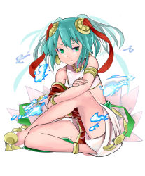 Rule 34 | 1girl, anklet, aqua hair, bad id, bad pixiv id, barefoot, bracelet, green eyes, hair ornament, highres, jewelry, kineshin123, lakshmi (p&amp;d), crossed legs, lots of jewelry, puzzle &amp; dragons, sitting, solo, twintails