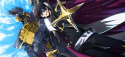 Rule 34 | 1boy, artist request, belt, black coat, black gloves, black hair, black pants, black shirt, blue sky, cape, cloud, coat, code geass, code geass: lost stories, day, dutch angle, epaulettes, eyepatch, foreshortening, game cg, gem, gloucester (code geass), gloucester swordman, gloves, gold, gold trim, hair between eyes, half-closed eyes, hand on own hip, happy, high collar, holding, holding scepter, julius kingsley, light particles, light rays, looking at viewer, male focus, mecha, military uniform, non-web source, official art, one eye covered, open clothes, open coat, open mouth, outdoors, outstretched arm, pants, pointing, pointing at viewer, purple cape, purple eyes, purple gemstone, robot, scepter, shirt, short hair, sidelocks, sky, smile, solo, teeth, two-sided cape, two-sided fabric, uniform