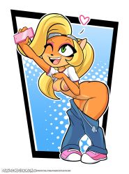 Rule 34 | 1girl, ass, bent over, blue background, breasts, clothes lift, clothes pull, coco bandicoot, crash bandicoot (series), dankodeadzone, full body, furry, furry female, green eyes, highres, long hair, navel, nipples, one eye closed, open mouth, pants, pants pull, selfie, shirt, shirt lift, shoes, short sleeves, small breasts, smile, sneakers, solo, standing, t-shirt, teeth, upper teeth only, white background, wink