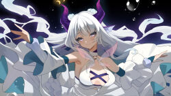 Rule 34 | 1girl, adira chantara, blush, breasts, bubble, closed mouth, commission, detached sleeves, dragon girl, dragon horns, dress, fins, grey eyes, grey hair, head fins, highres, horns, indie virtual youtuber, k (art71), long hair, medium breasts, night, night sky, o-ring, signature, skeb commission, sky, smile, solo, thank you, twitter username, upper body, virtual youtuber, white dress, white sleeves
