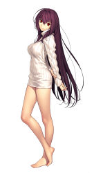 Rule 34 | absurdres, barefoot, breasts, fate/grand order, fate (series), feet, full body, highres, koyama hirokazu, large breasts, long hair, naked sweater, no bra, no panties, resized, scathach (fate), solo, sweater, thighs, upscaled, very long hair, white background