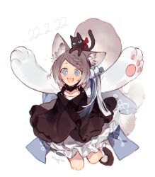 Rule 34 | 1girl, animal, animal ears, animal hands, animal on head, arms up, black dress, braid, cat, cat day, cat ears, cat on head, cat tail, dated, dress, forever 7th capital, gloves, grey hair, on head, open mouth, paw gloves, paw sleeves, sapphire (nine), shiro (forever 7th capital), short hair, simple background, smile, solo, standing, standing on one leg, tail, white background, white dress