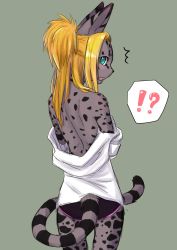Rule 34 | 1girl, ass, blonde hair, blue eyes, cat, female focus, from behind, furry, furry female, highres, kuro cl, looking back, open mouth, ponytail, solo, undressing